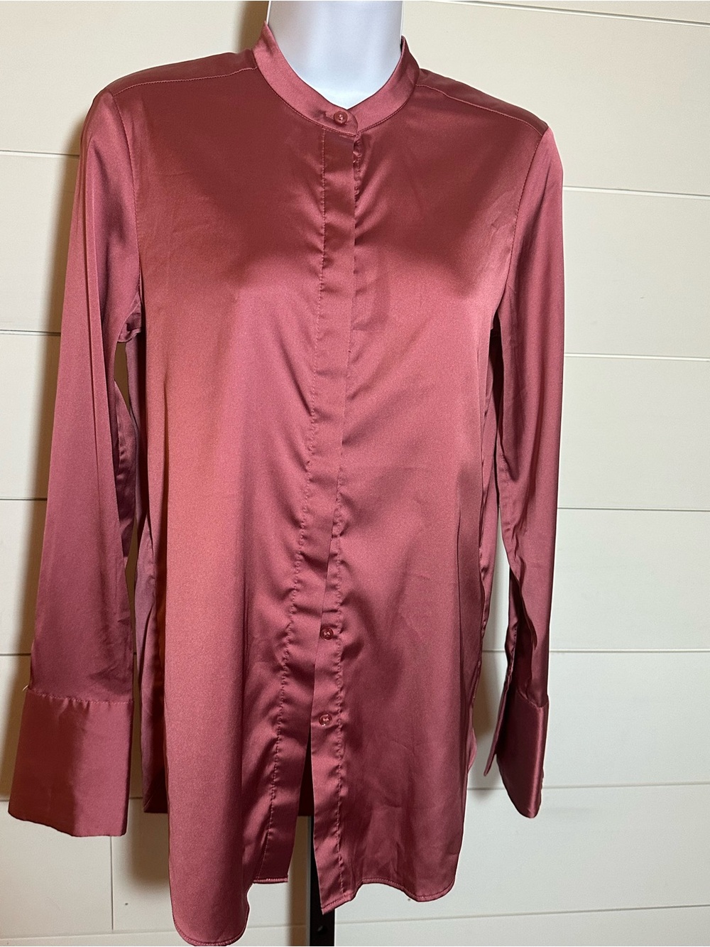 Womens Satin Long-Sleeve Band Collar Blouse - Rose